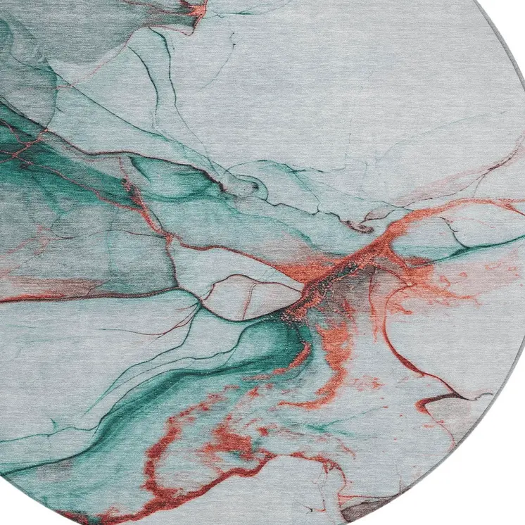 8' Teal Blue And Terra Cotta Round Abstract Washable Indoor Outdoor Area Rug