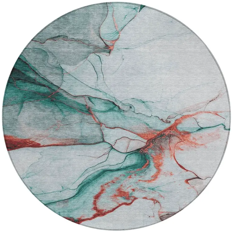 8' Teal Blue And Terra Cotta Round Abstract Washable Indoor Outdoor Area Rug