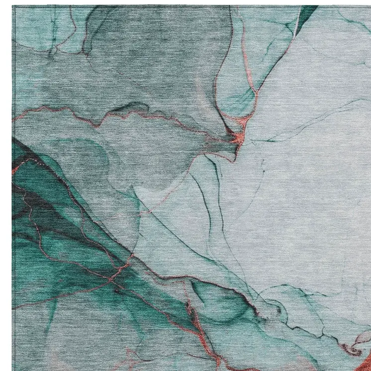 8' X 10' Teal Blue And Terra Cotta Abstract Washable Indoor Outdoor Area Rug