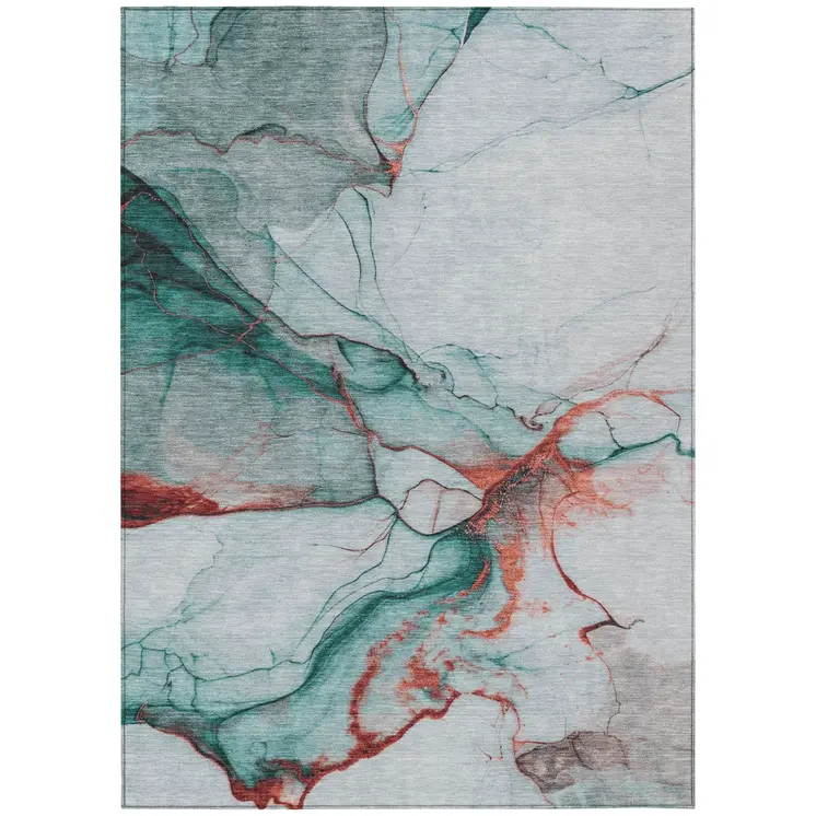 10' X 14' Teal Blue And Terra Cotta Abstract Washable Indoor Outdoor Area Rug