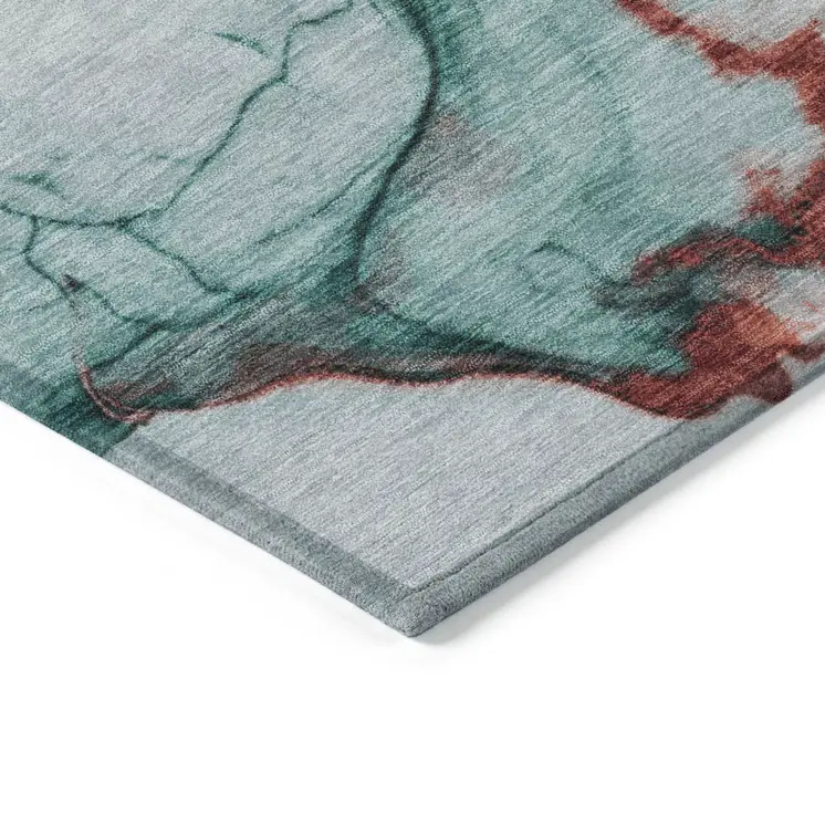 10' X 14' Teal Blue And Terra Cotta Abstract Washable Indoor Outdoor Area Rug