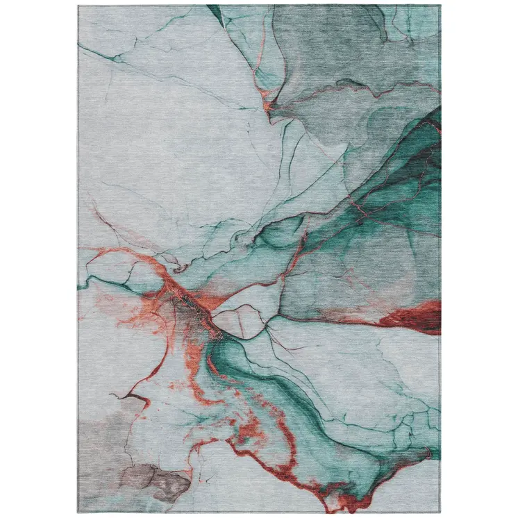 10' X 14' Teal Blue And Terra Cotta Abstract Washable Indoor Outdoor Area Rug
