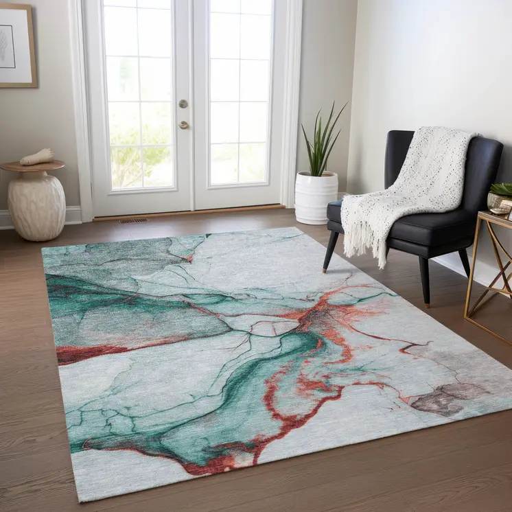 10' X 14' Teal Blue And Terra Cotta Abstract Washable Indoor Outdoor Area Rug