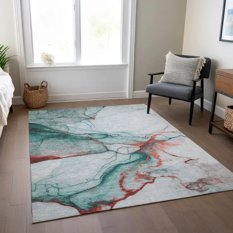 10' X 14' Teal Blue And Terra Cotta Abstract Washable Indoor Outdoor Area Rug