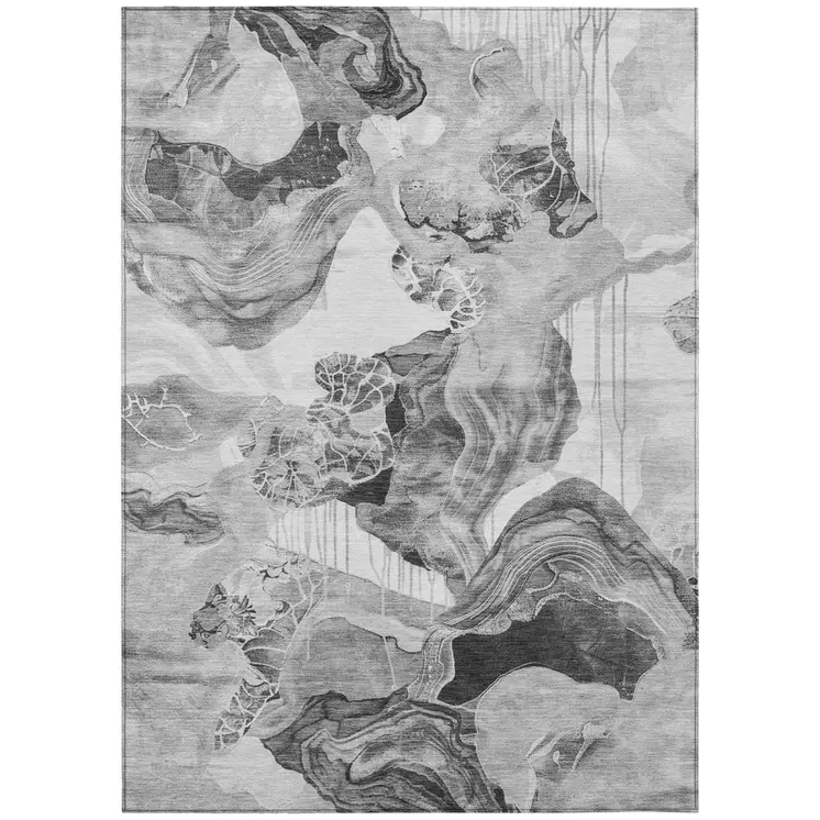 3' X 5' Gray And Silver Abstract Washable Indoor Outdoor Area Rug