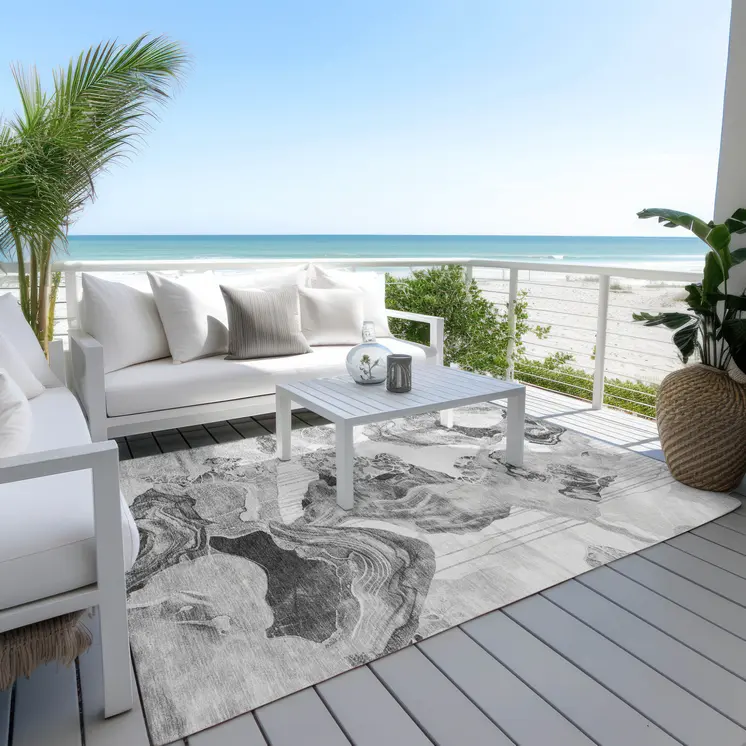 5' X 8' Gray And Silver Abstract Washable Indoor Outdoor Area Rug