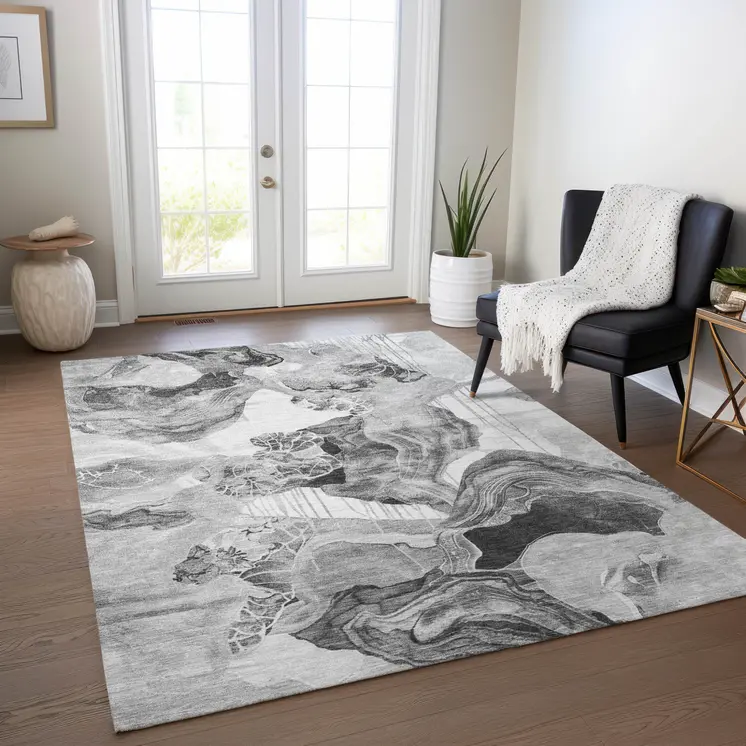 5' X 8' Gray And Silver Abstract Washable Indoor Outdoor Area Rug
