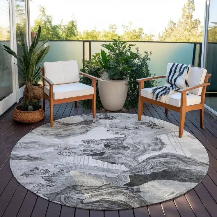 8' Gray And Silver Round Abstract Washable Indoor Outdoor Area Rug