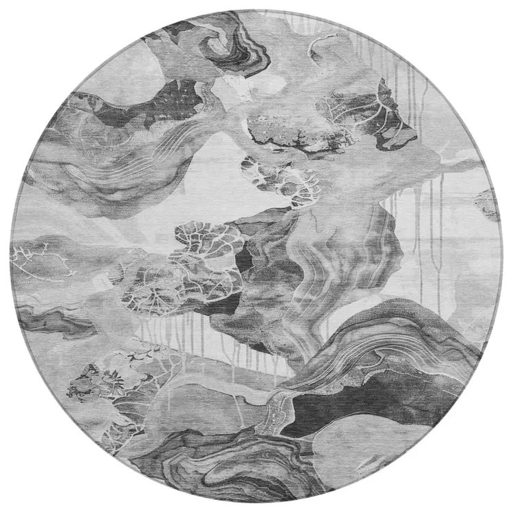 8' Gray And Silver Round Abstract Washable Indoor Outdoor Area Rug