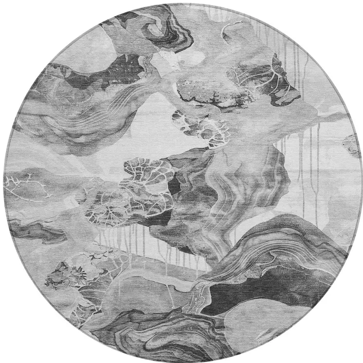 8' Gray And Silver Round Abstract Washable Indoor Outdoor Area Rug