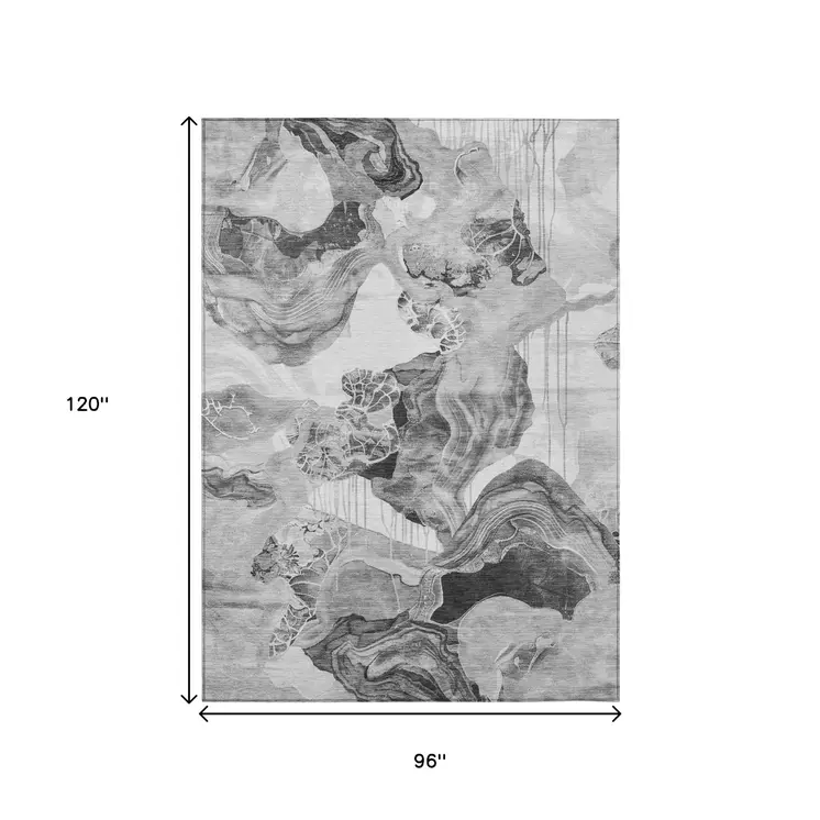8' X 10' Gray And Silver Abstract Washable Indoor Outdoor Area Rug