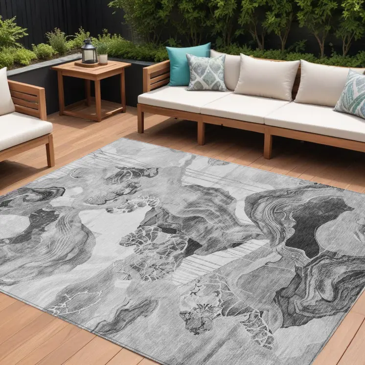 8' X 10' Gray And Silver Abstract Washable Indoor Outdoor Area Rug