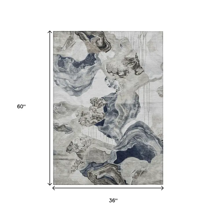 3' X 5' Ivory And Gray Abstract Washable Indoor Outdoor Area Rug