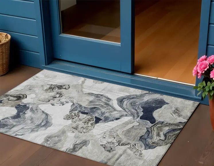 3' X 5' Ivory And Gray Abstract Washable Indoor Outdoor Area Rug