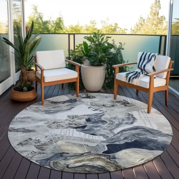 8' Ivory And Gray Round Abstract Washable Indoor Outdoor Area Rug