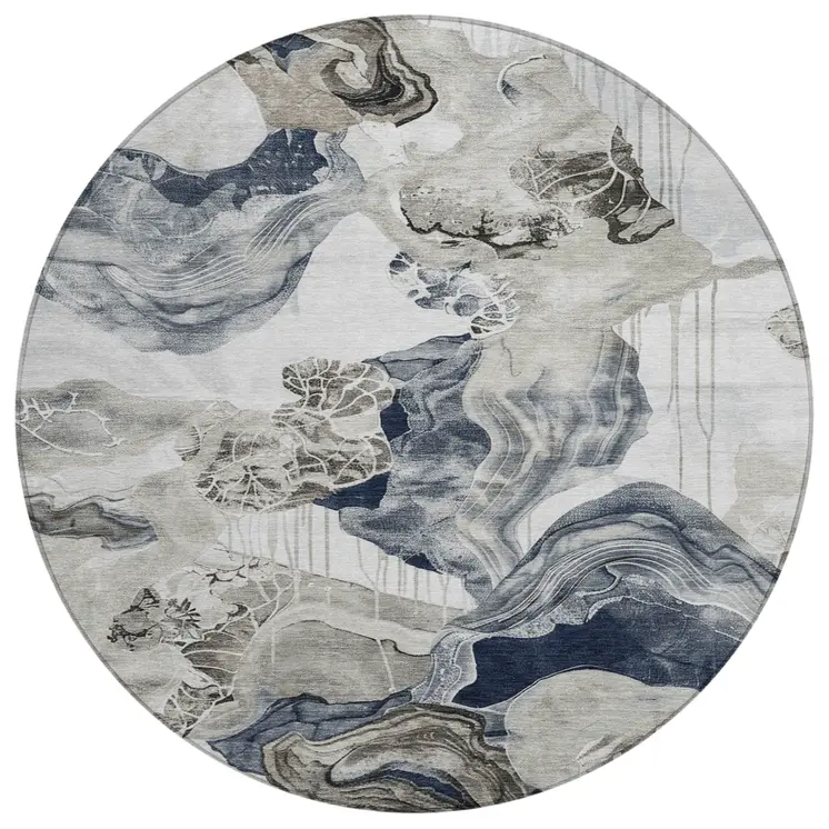 8' Ivory And Gray Round Abstract Washable Indoor Outdoor Area Rug
