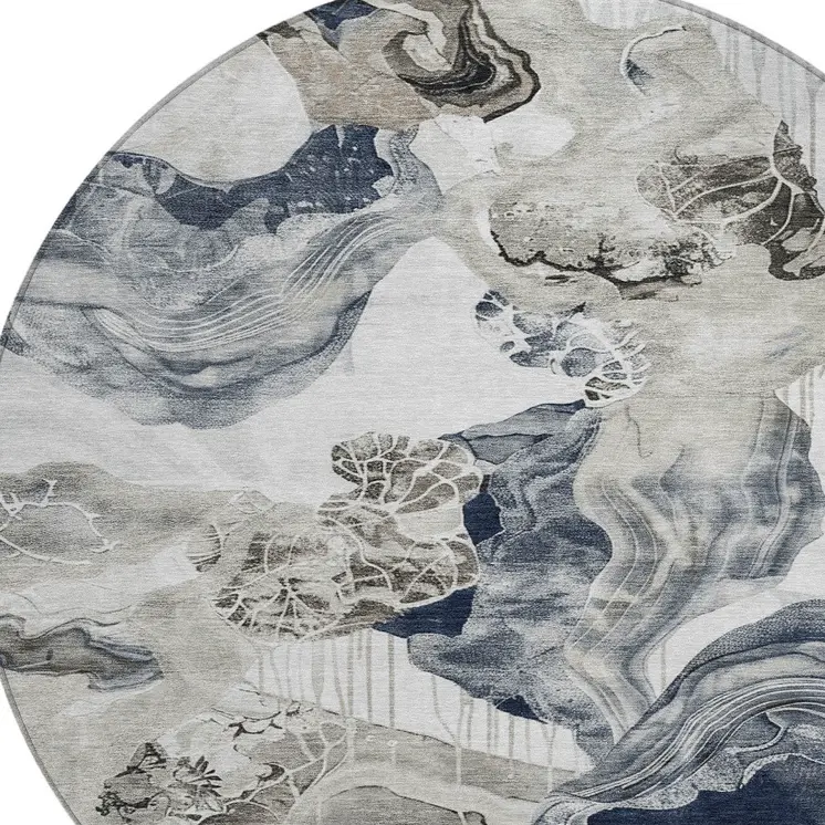 8' Ivory And Gray Round Abstract Washable Indoor Outdoor Area Rug