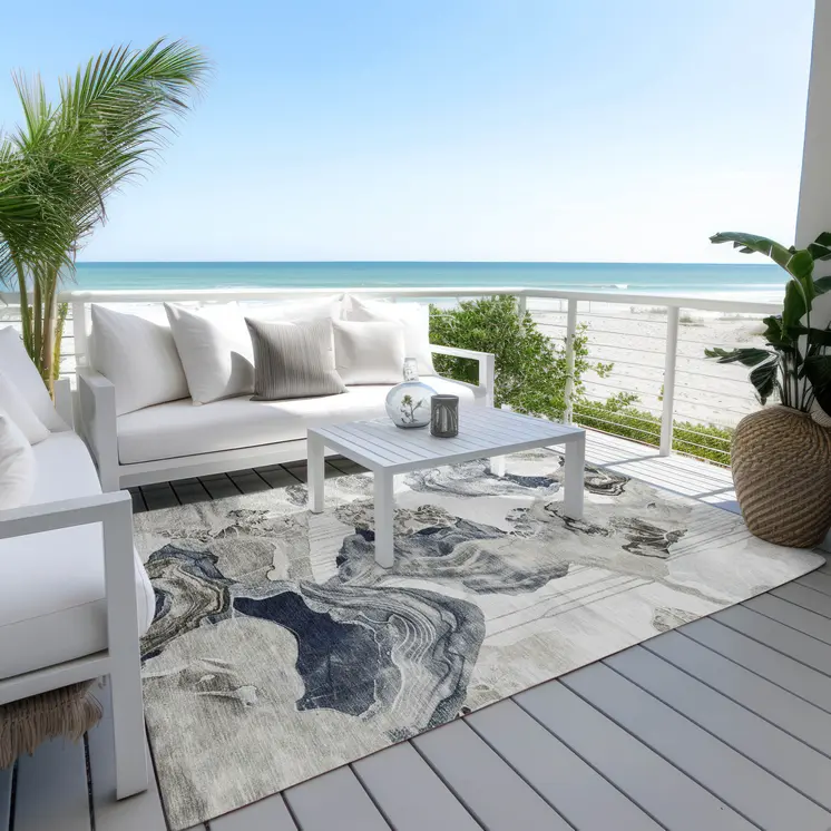 8' X 10' Ivory And Gray Abstract Washable Indoor Outdoor Area Rug