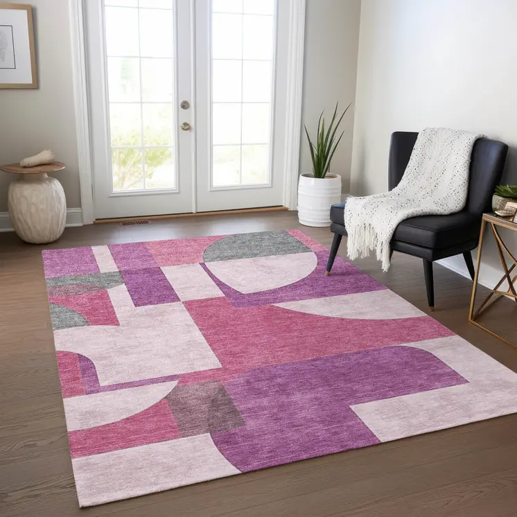 5' X 8' Blush And Mauve Geometric Washable Indoor Outdoor Area Rug