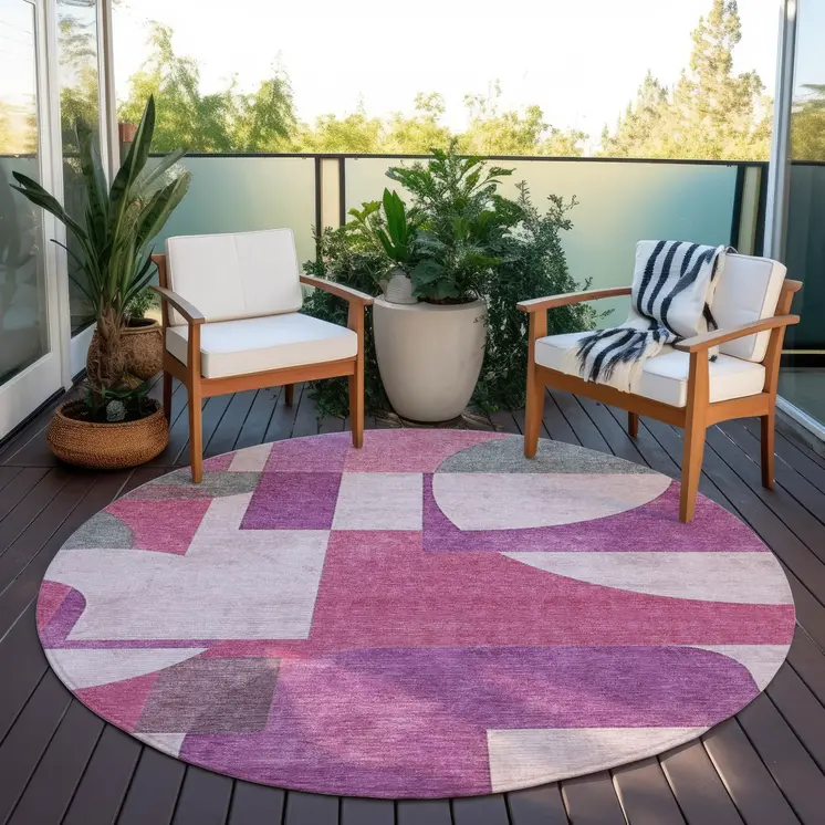 8' Blush And Mauve Round Geometric Washable Indoor Outdoor Area Rug