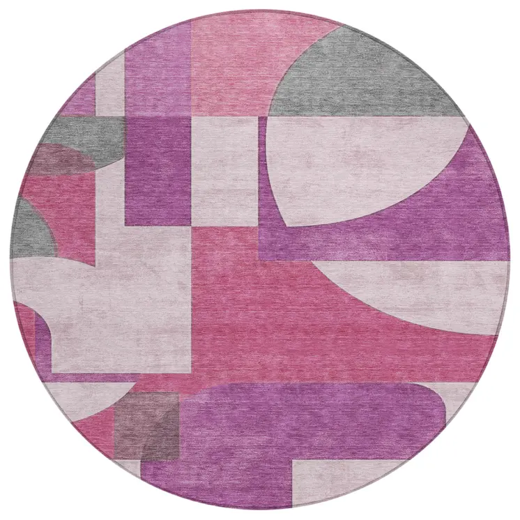8' Blush And Mauve Round Geometric Washable Indoor Outdoor Area Rug