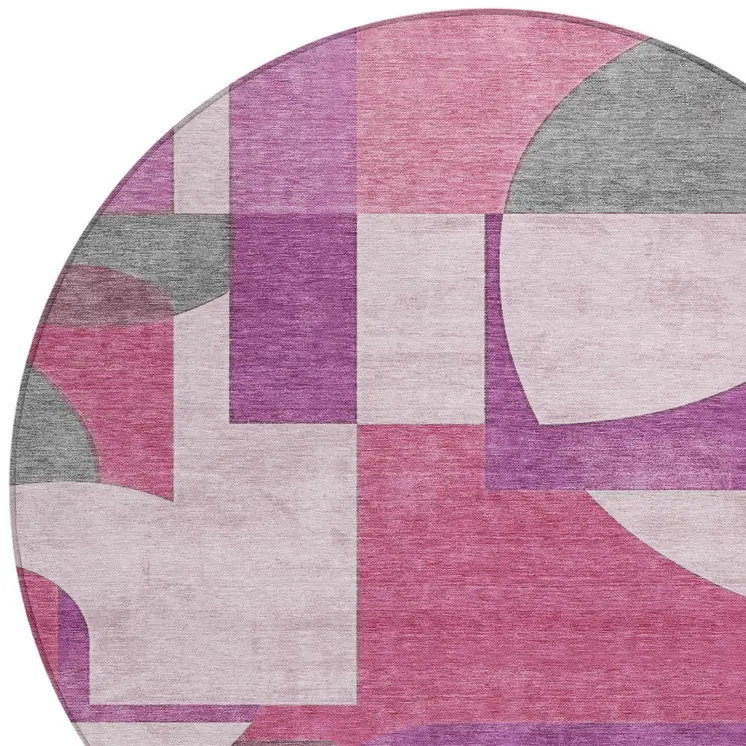 8' Blush And Mauve Round Geometric Washable Indoor Outdoor Area Rug
