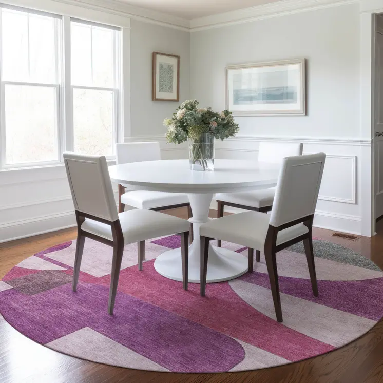 8' Blush And Mauve Round Geometric Washable Indoor Outdoor Area Rug