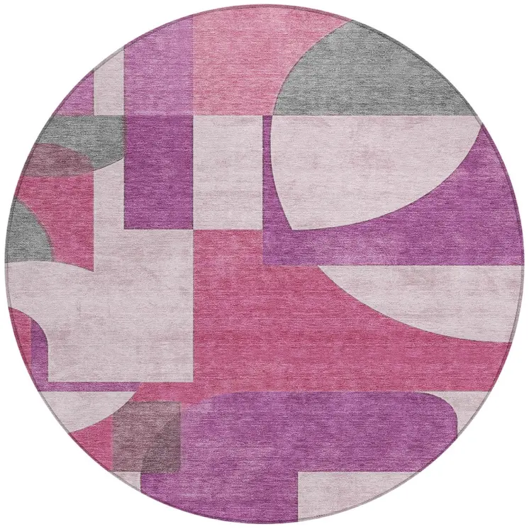 8' Blush And Mauve Round Geometric Washable Indoor Outdoor Area Rug