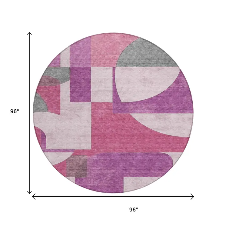8' Blush And Mauve Round Geometric Washable Indoor Outdoor Area Rug