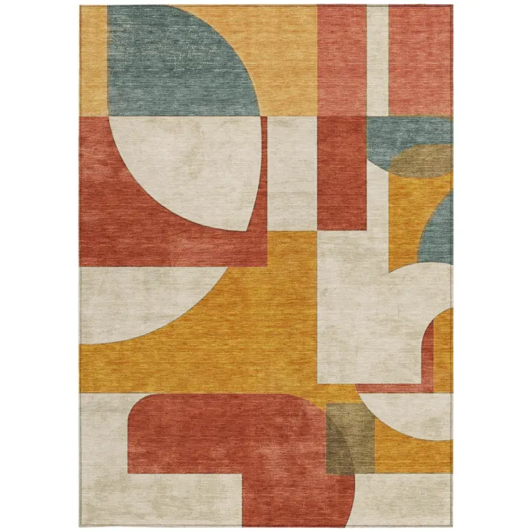 3' X 5' Coral Gold And Ivory Geometric Washable Indoor Outdoor Area Rug