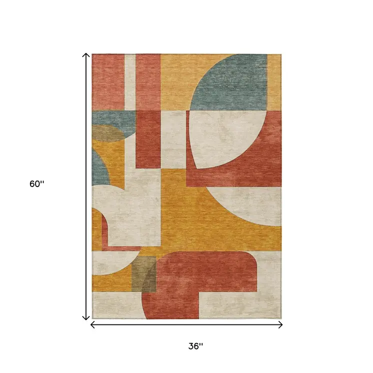 3' X 5' Coral Gold And Ivory Geometric Washable Indoor Outdoor Area Rug