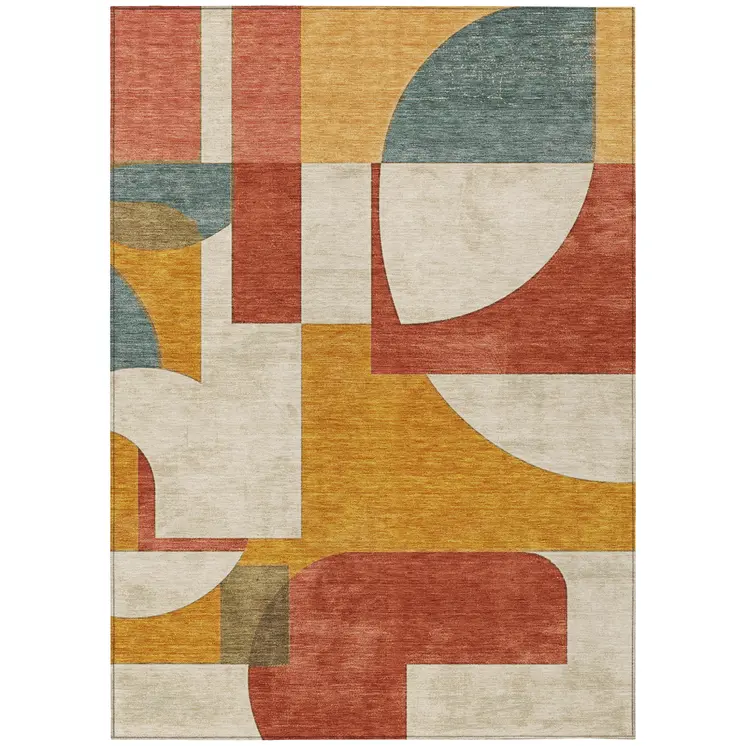 3' X 5' Coral Gold And Ivory Geometric Washable Indoor Outdoor Area Rug