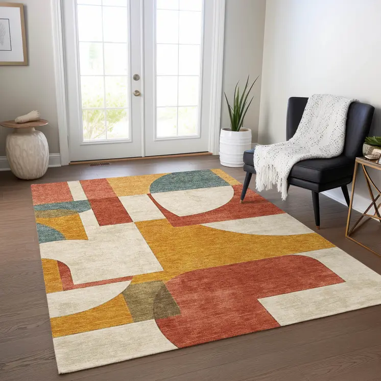3' X 5' Coral Gold And Ivory Geometric Washable Indoor Outdoor Area Rug