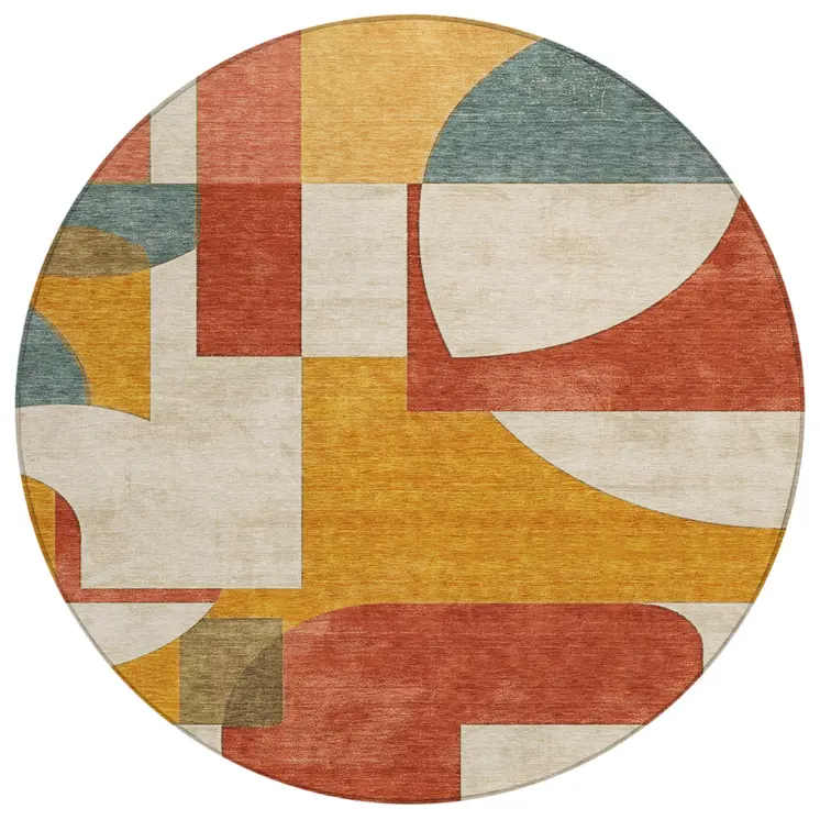 8' Coral Gold And Ivory Round Geometric Washable Indoor Outdoor Area Rug