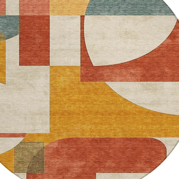 8' Coral Gold And Ivory Round Geometric Washable Indoor Outdoor Area Rug