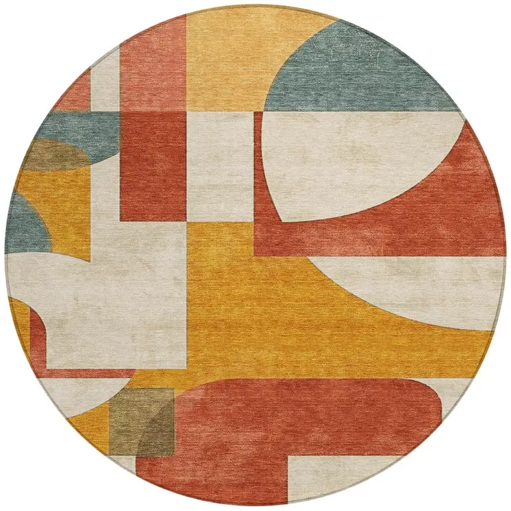 8' Coral Gold And Ivory Round Geometric Washable Indoor Outdoor Area Rug