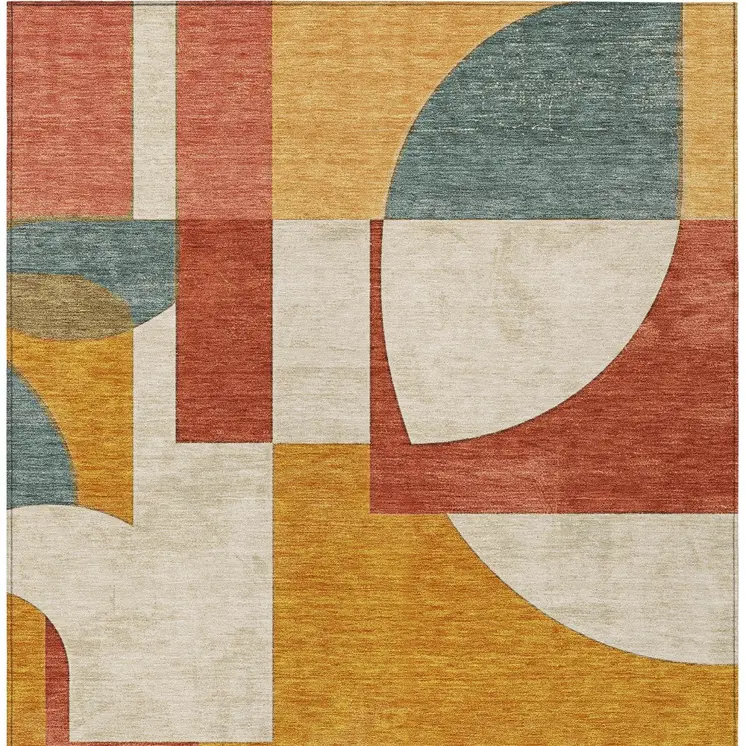 10' X 14' Coral Gold And Ivory Geometric Washable Indoor Outdoor Area Rug