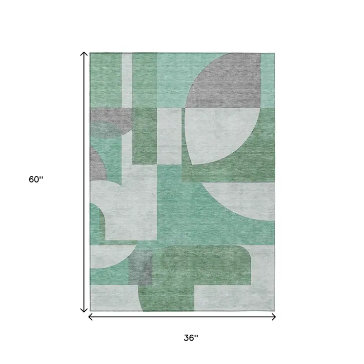 3' X 5' Green Sage And Gray Geometric Washable Indoor Outdoor Area Rug