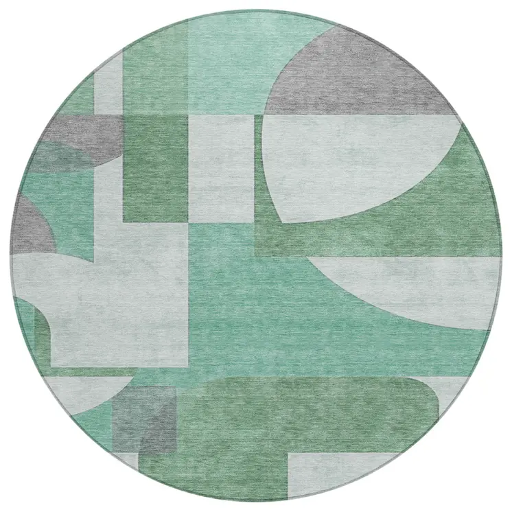 8' Green Sage And Gray Round Geometric Washable Indoor Outdoor Area Rug