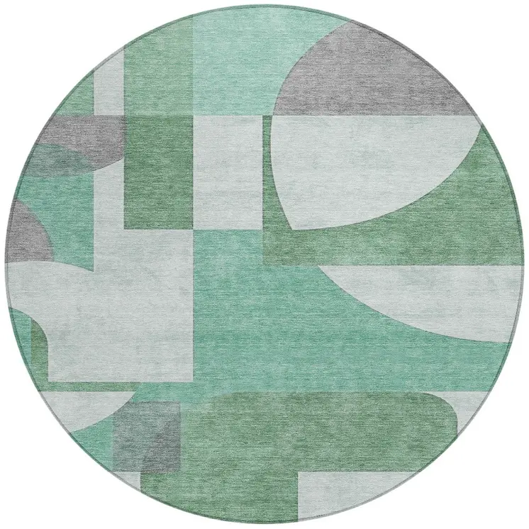 8' Green Sage And Gray Round Geometric Washable Indoor Outdoor Area Rug
