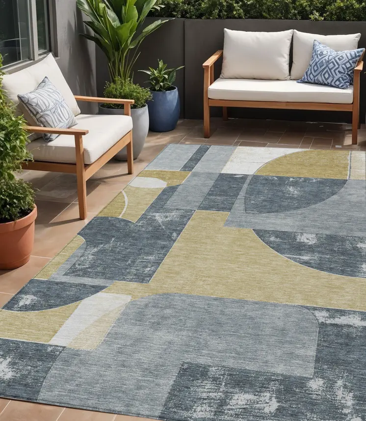 5' X 8' Gray And Gold Geometric Washable Indoor Outdoor Area Rug