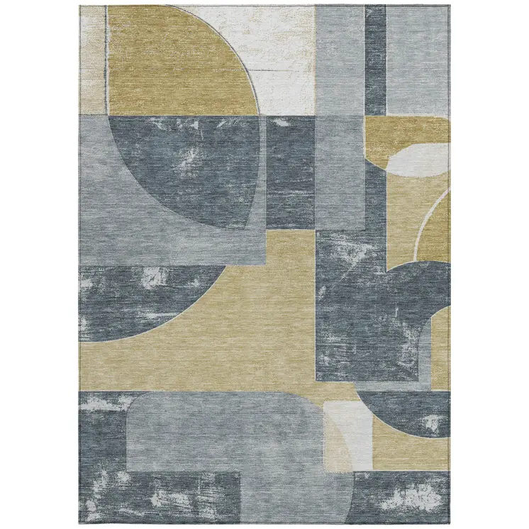 5' X 8' Gray And Gold Geometric Washable Indoor Outdoor Area Rug
