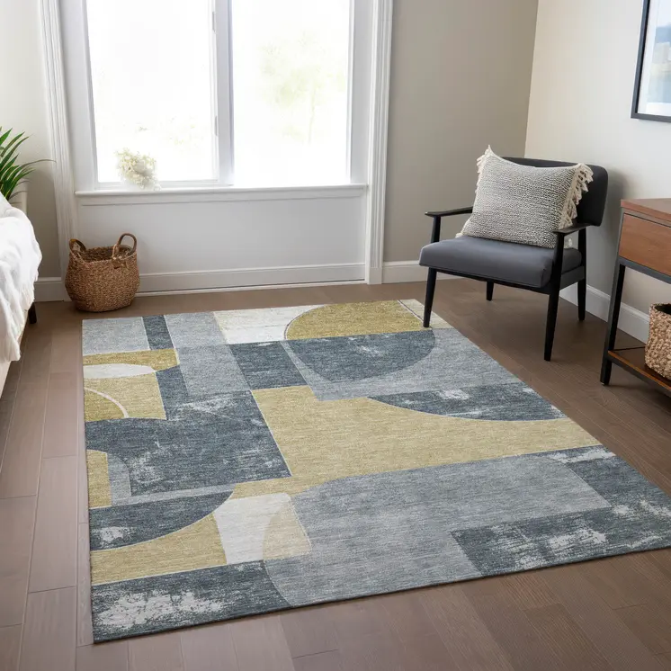 5' X 8' Gray And Gold Geometric Washable Indoor Outdoor Area Rug
