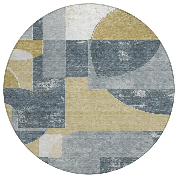 8' Gray And Gold Round Geometric Washable Indoor Outdoor Area Rug