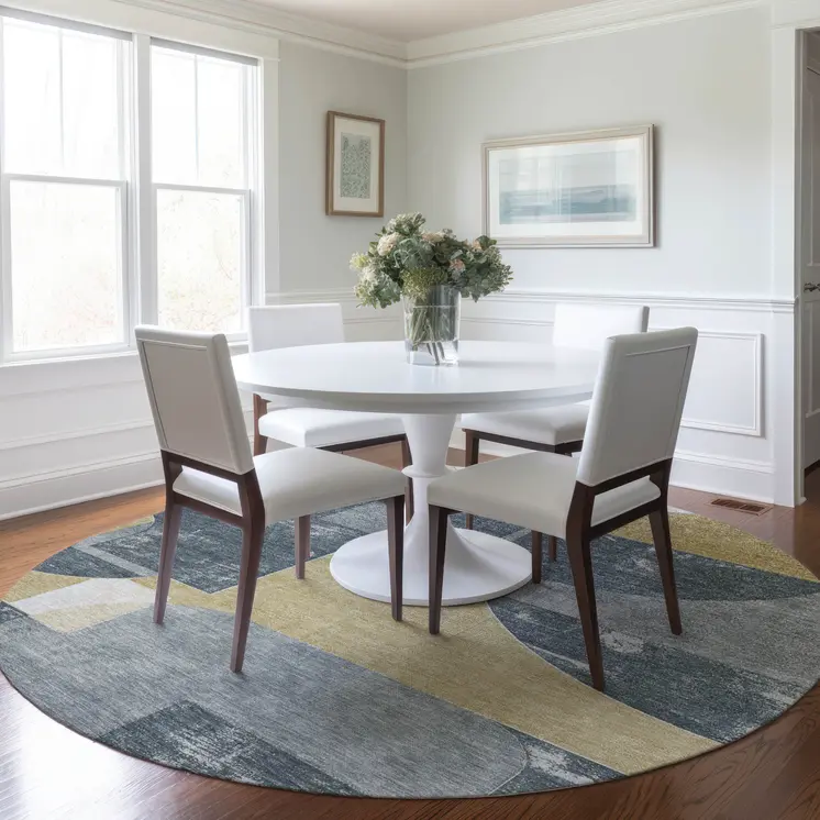 8' Gray And Gold Round Geometric Washable Indoor Outdoor Area Rug