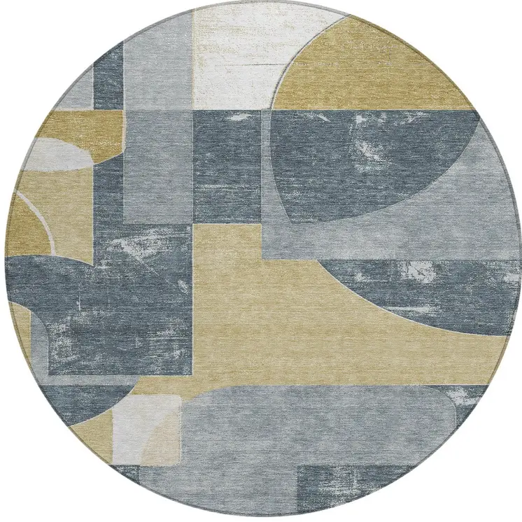 8' Gray And Gold Round Geometric Washable Indoor Outdoor Area Rug
