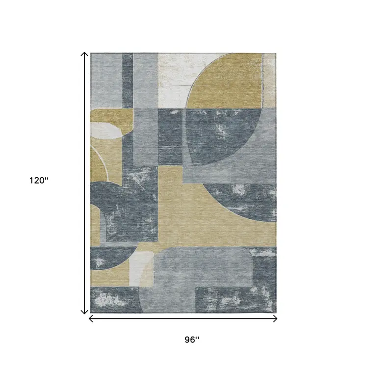 8' X 10' Gray And Gold Geometric Washable Indoor Outdoor Area Rug