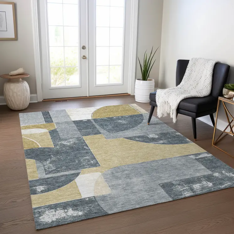 9' X 12' Gray And Gold Geometric Washable Indoor Outdoor Area Rug