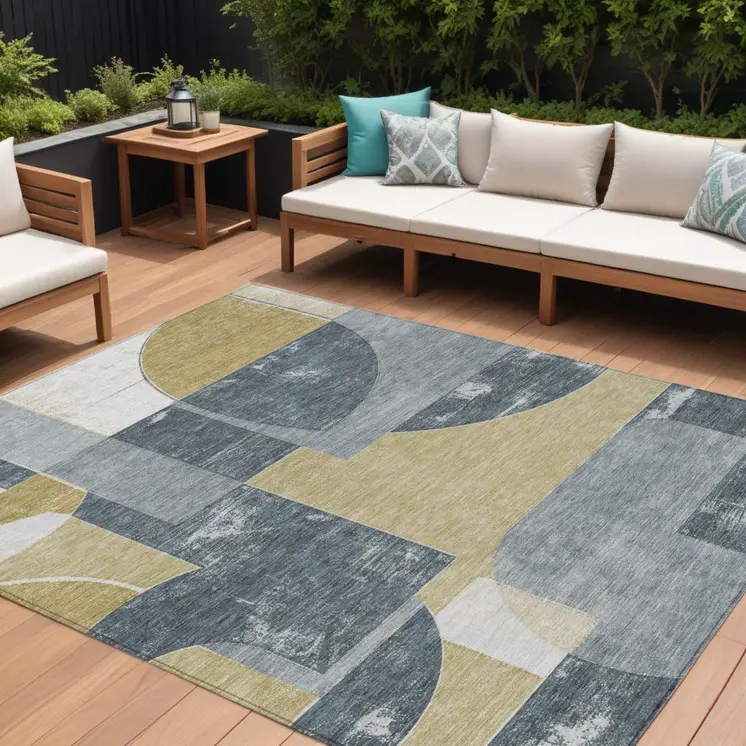 10' X 14' Gray And Gold Geometric Washable Indoor Outdoor Area Rug