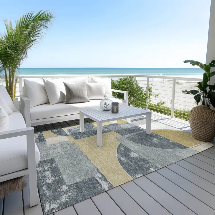 10' X 14' Gray And Gold Geometric Washable Indoor Outdoor Area Rug
